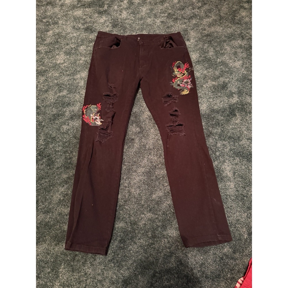 Young & Reckless‎ Jeans Mens 38 Black Embroidered Dragon Streetwear Skater Denim